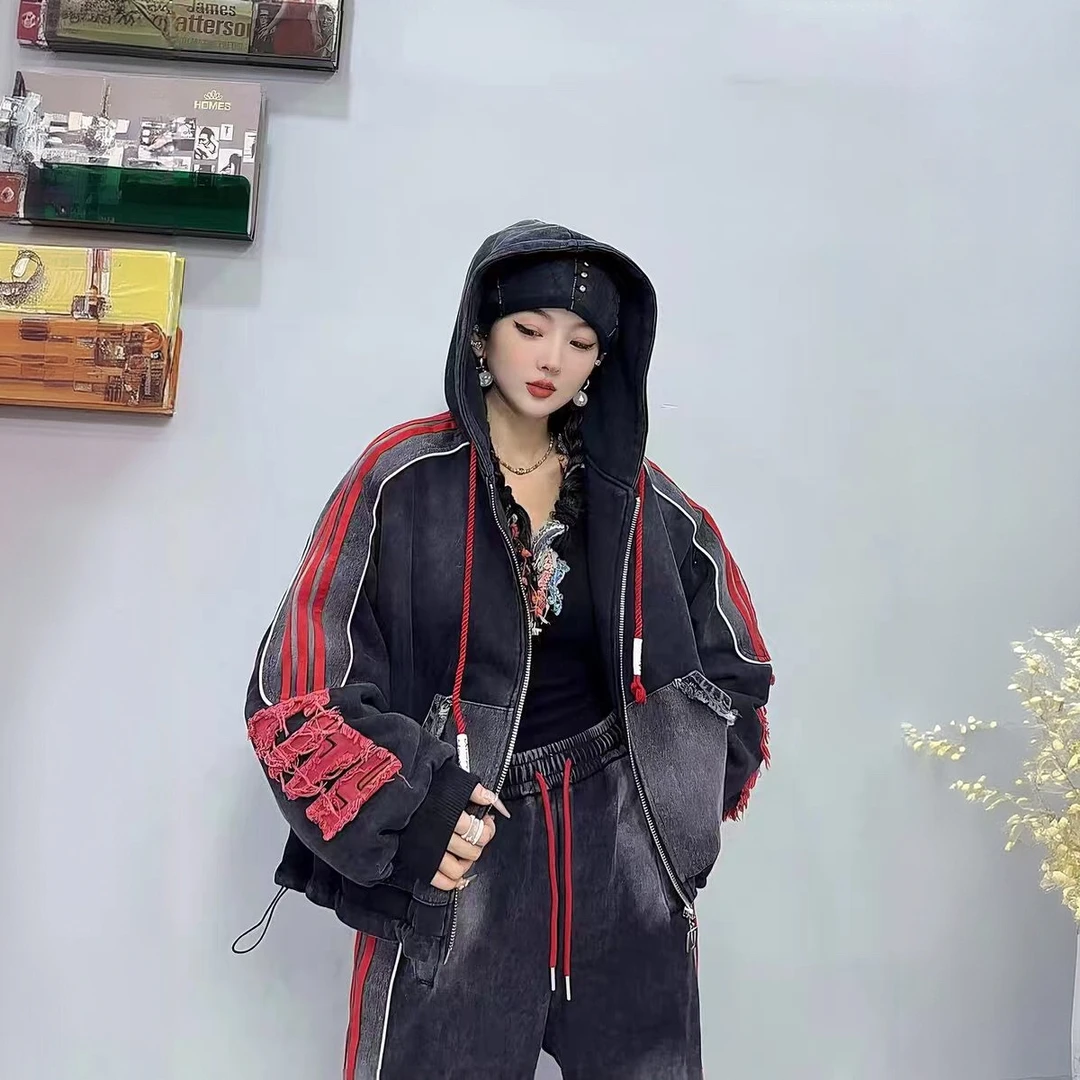 欧货设计感外套女2025秋冬新款撞色拼接牛仔宽松休闲棉服上衣