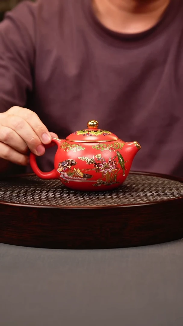 茶壶紫砂玫红朱 西施 鸳鸯珐琅彩