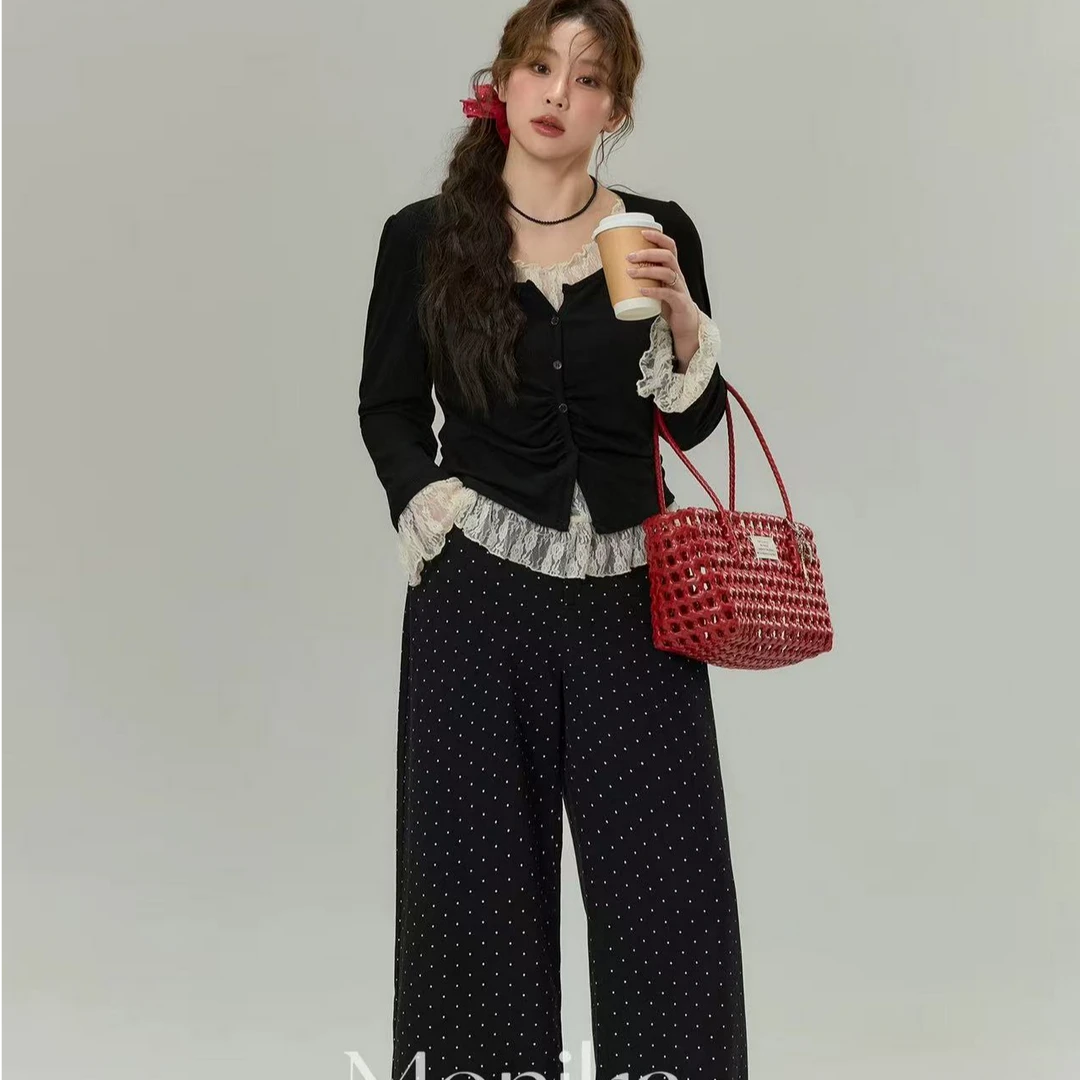 女装拼接假两件打底衫2025秋装新款小众显瘦长袖上衣＋波点裤99813
