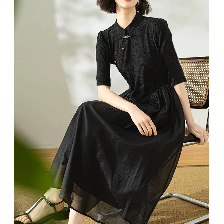 新款时尚立领印花国风中长款连衣裙Q623