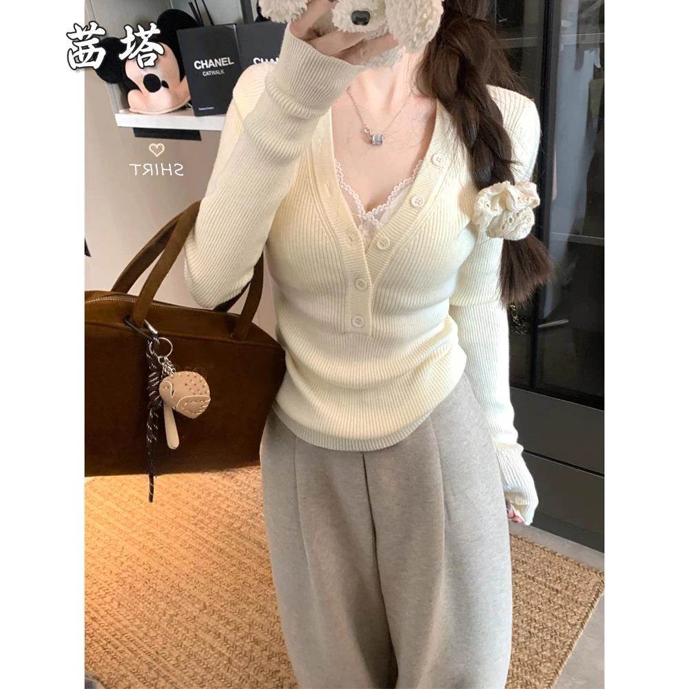韩系V领弹力长袖针织衫2025秋季新款甜辣内搭修身显瘦打底上衣女