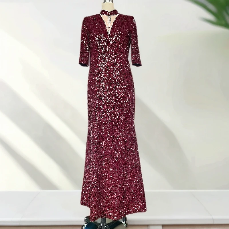 喜妈妈妈婚宴显瘦晚优雅礼服年轻版连衣裙高贵修身酒红色婆婆宴会