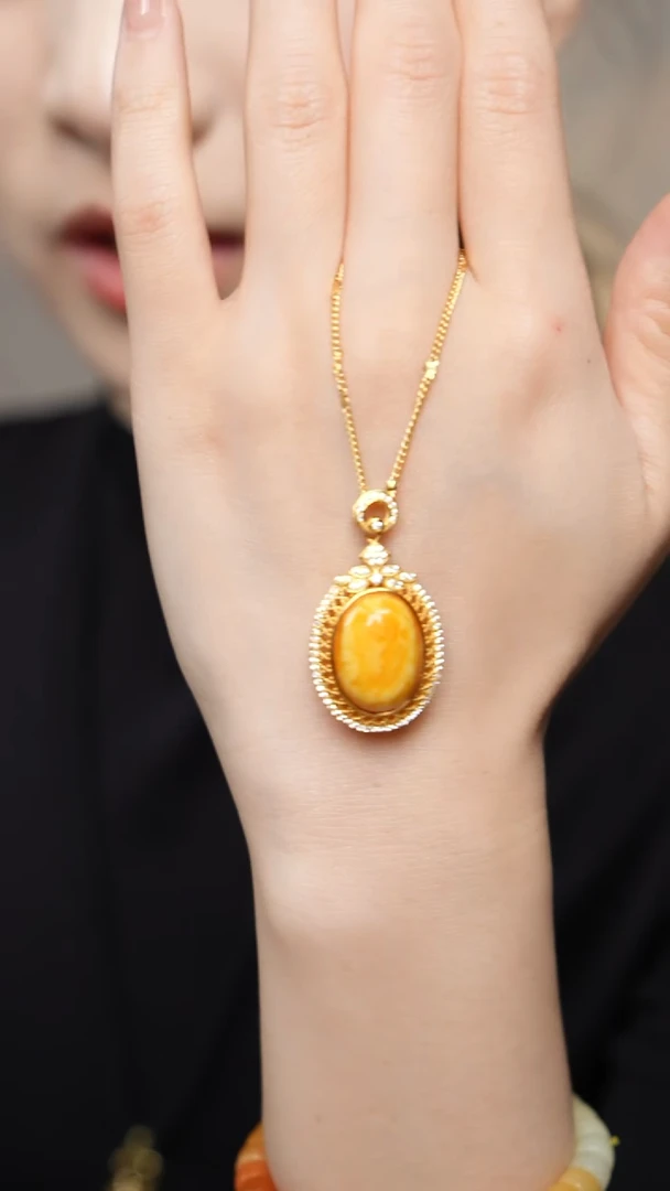 蜜蜡吊坠(赠链)银S925镶嵌老蜡吊坠-+