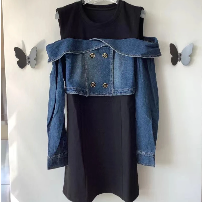 【柏卉服饰】漏肩拼接牛仔裙