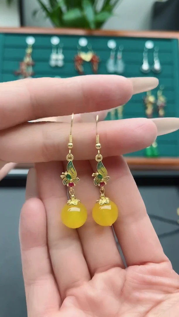 【闪购商品】玛瑙/玉髓耳饰银S925镀金镶嵌9