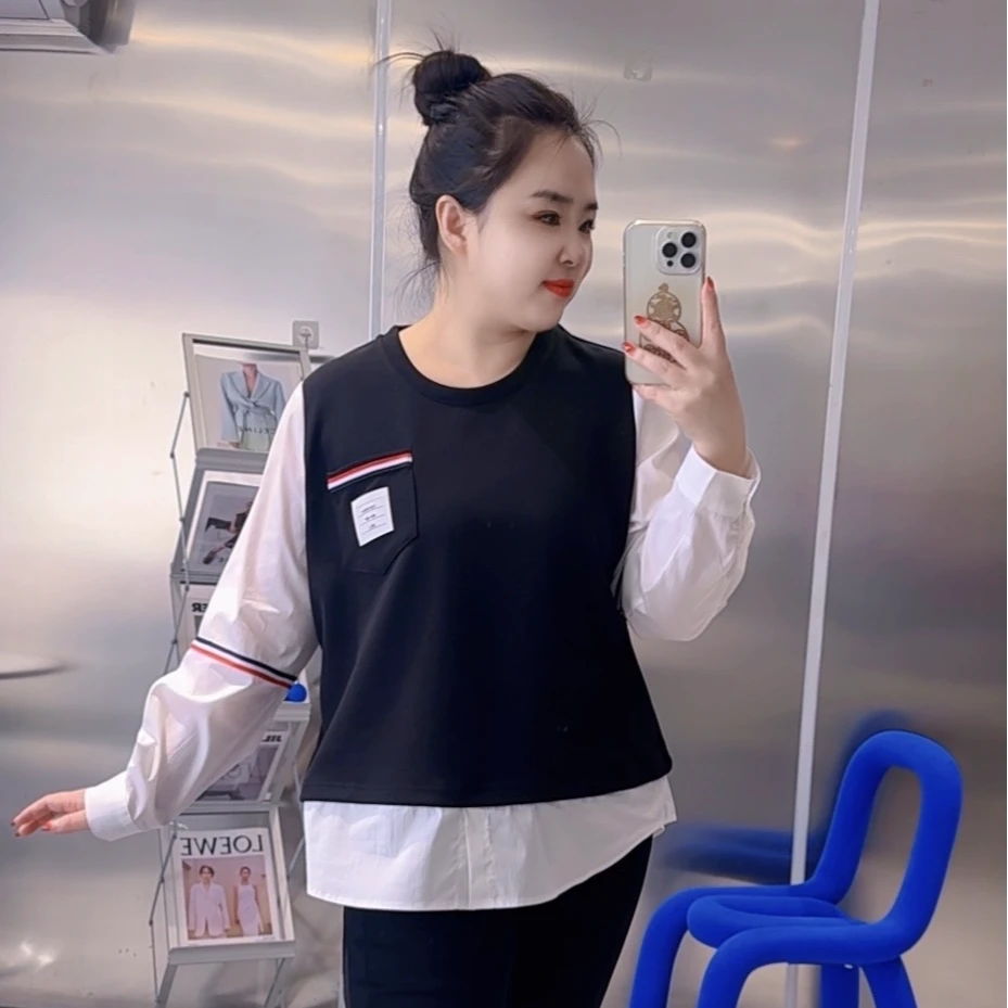 【聪姐推荐】6109欧货圆领假两件拼接T恤衫（衣长66，胸围130）