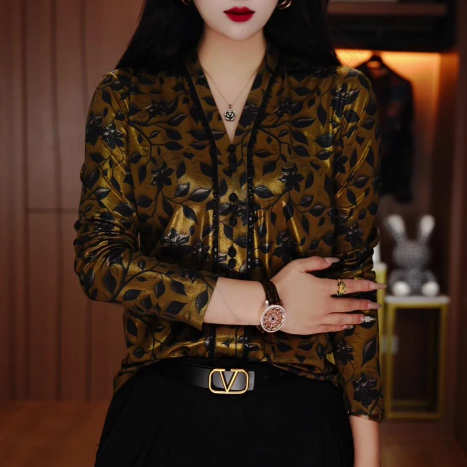 A246160-南油原创秋冬新款长袖女上衣烫金纱遮肉显瘦百搭显贵气