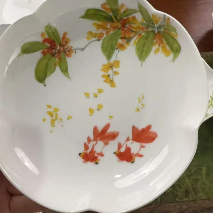 景德镇高温手绘桂花金鱼盘