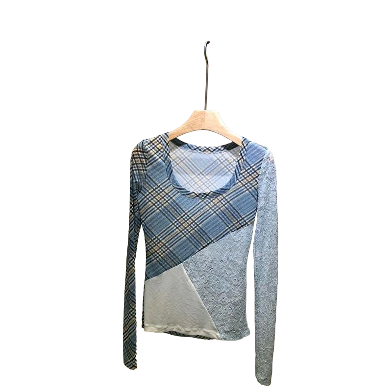 真心漂亮！巨推荐！复古格纹拼接蕾丝打底衫t恤女早秋修身长袖上衣