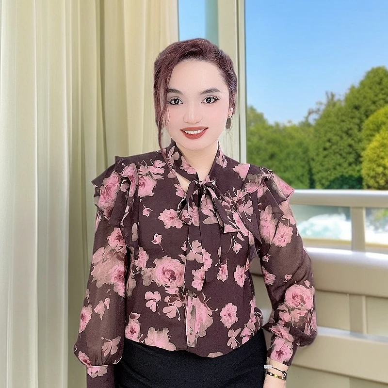 新款碎花设计感印花7127荷叶边衬衫