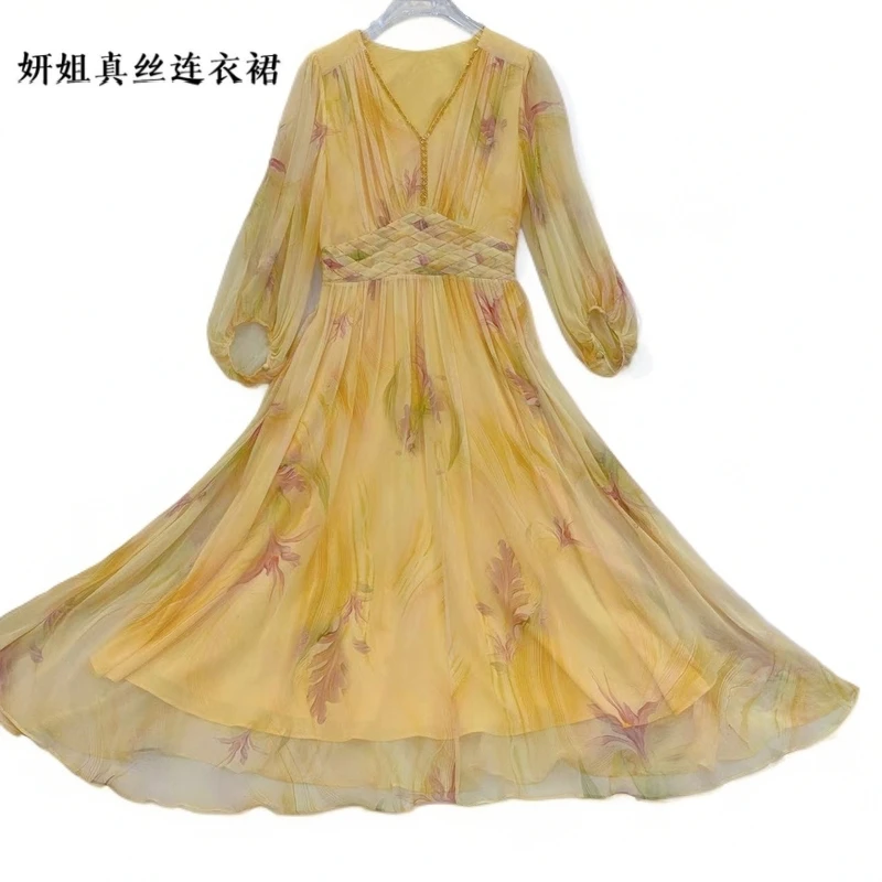 【商城活动专属】妍姐2025年桑蚕丝新品v领大摆时尚女装 黄花 25128