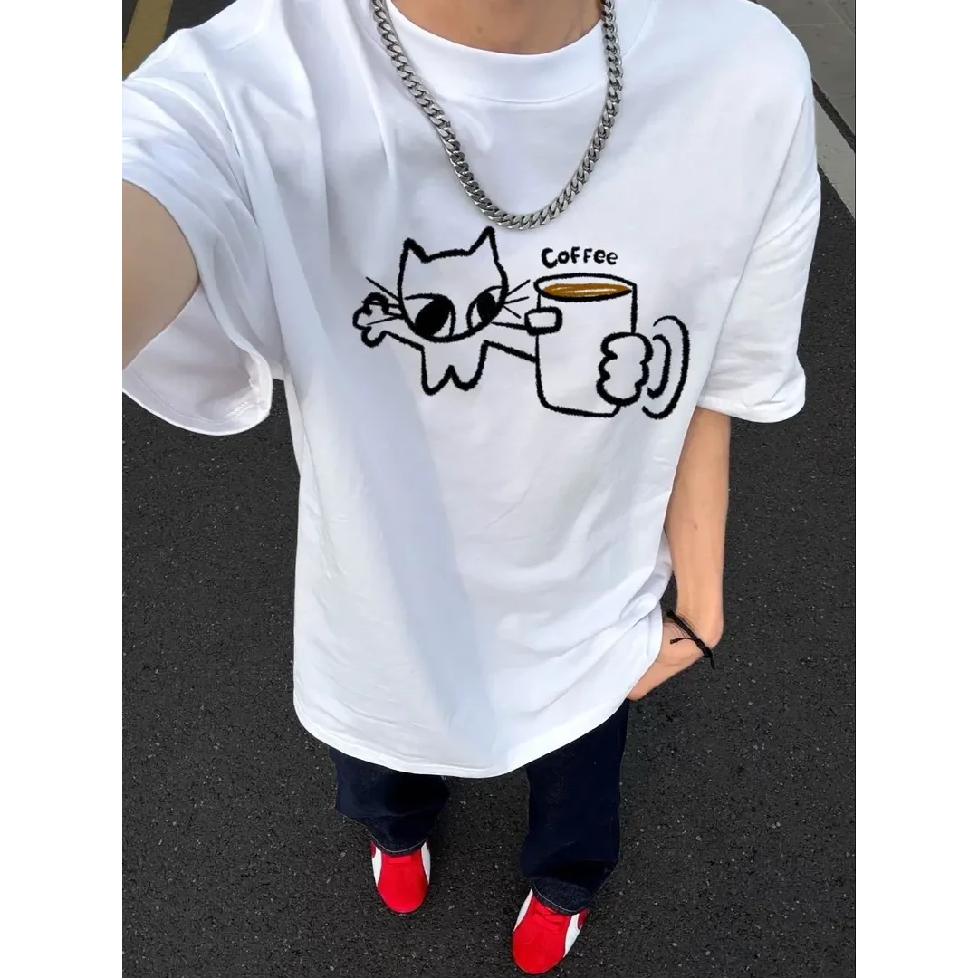 HUIYI新款重磅纯棉“咖啡猫”印花情侣装休闲宽松短袖T恤男女同款