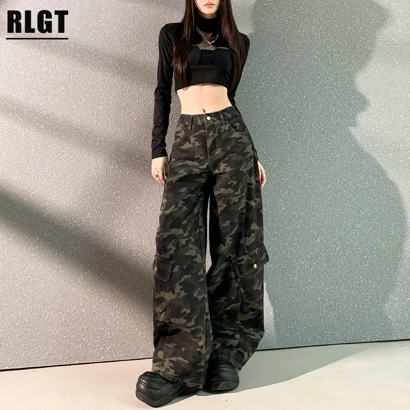 美式迷彩弯刀工装裤2025年秋冬新款高腰宽松垂感阔腿休闲牛仔裤女