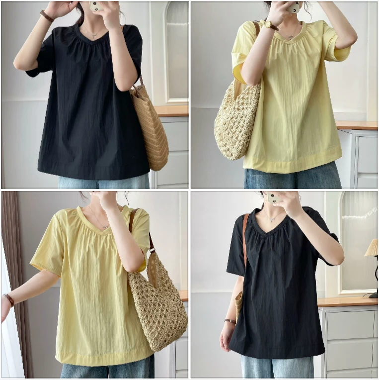 微胖MM夏季遮肉显瘦短袖T恤女大码韩系简约百搭纯色V领小衫上衣