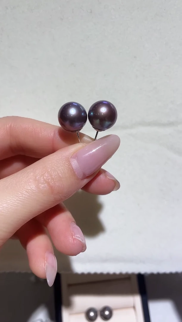 【闪购商品】淡水珍珠耳钉银S925镶嵌11-12淡水紫珠耳钉