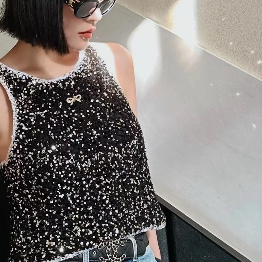 99新 Chanel/香奈儿 23C黑色亮片蝴蝶结背心38码