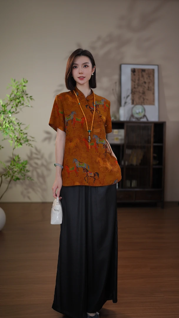 GONG QUE【千里马】新中式桑蚕丝香云纱百搭气质斜襟短袖上衣 3236