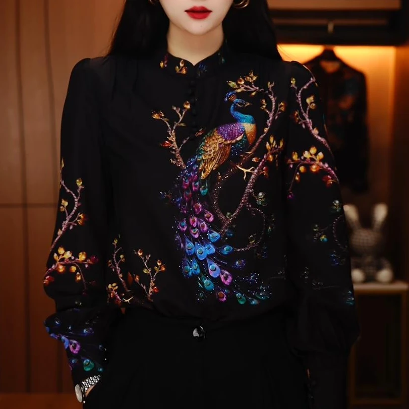 初凰 新款琉璃双皱丝洋气时尚百搭长袖休闲气质女士印花小衫显瘦