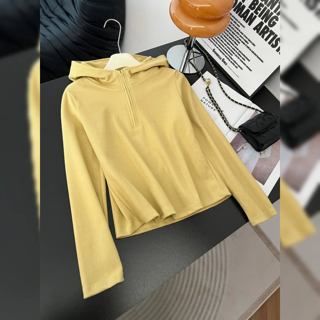 纯色半拉链连帽卫衣女秋季新款大码女装胖mm时髦洋气打底长袖上衣