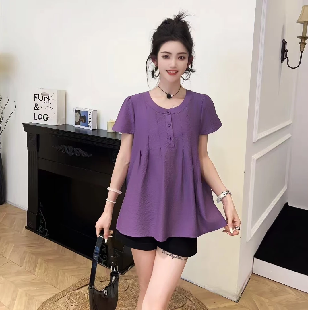 夏季短袖-法式纽扣T恤圆领纯色重工背心时尚百搭宽松大码显瘦设计