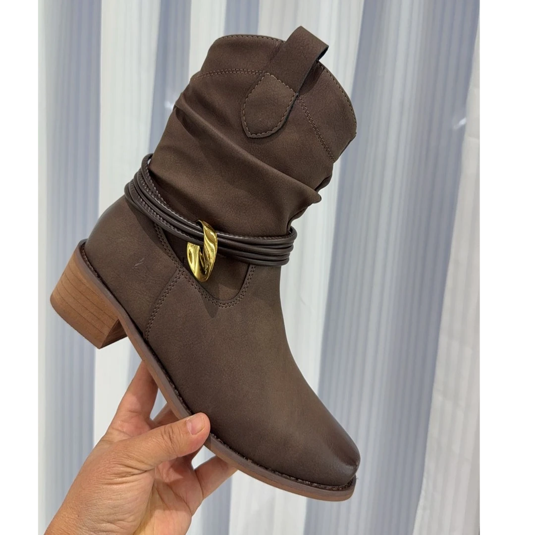 舒服复古尖头褶皱废土中筒靴子2025新款气质牛仔堆堆靴女短靴