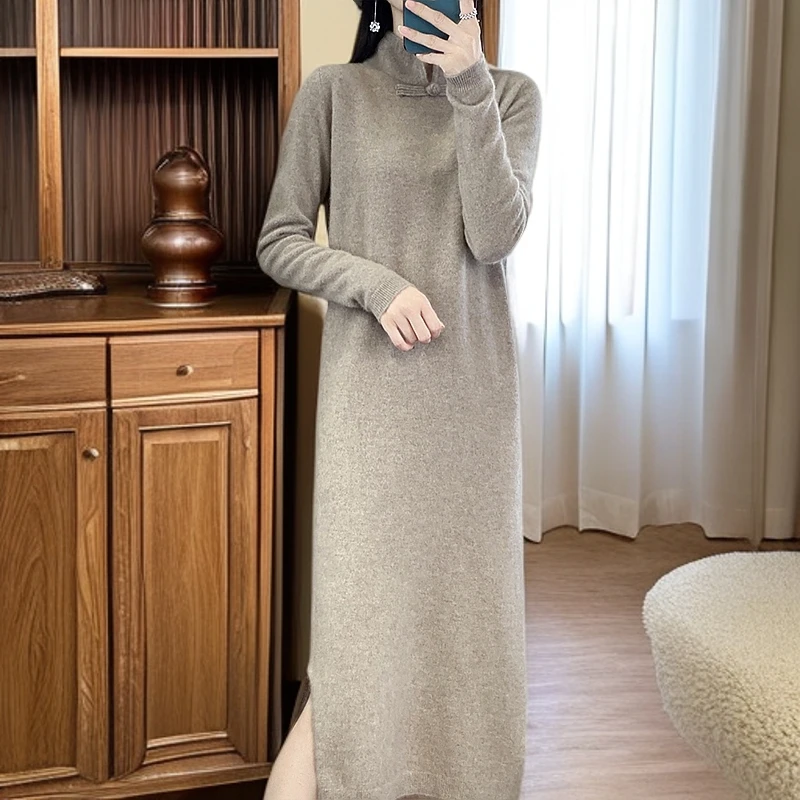 国风盘扣立领连衣裙女长袖100纯羊毛毛衣长裙开叉打底秋冬针织裙