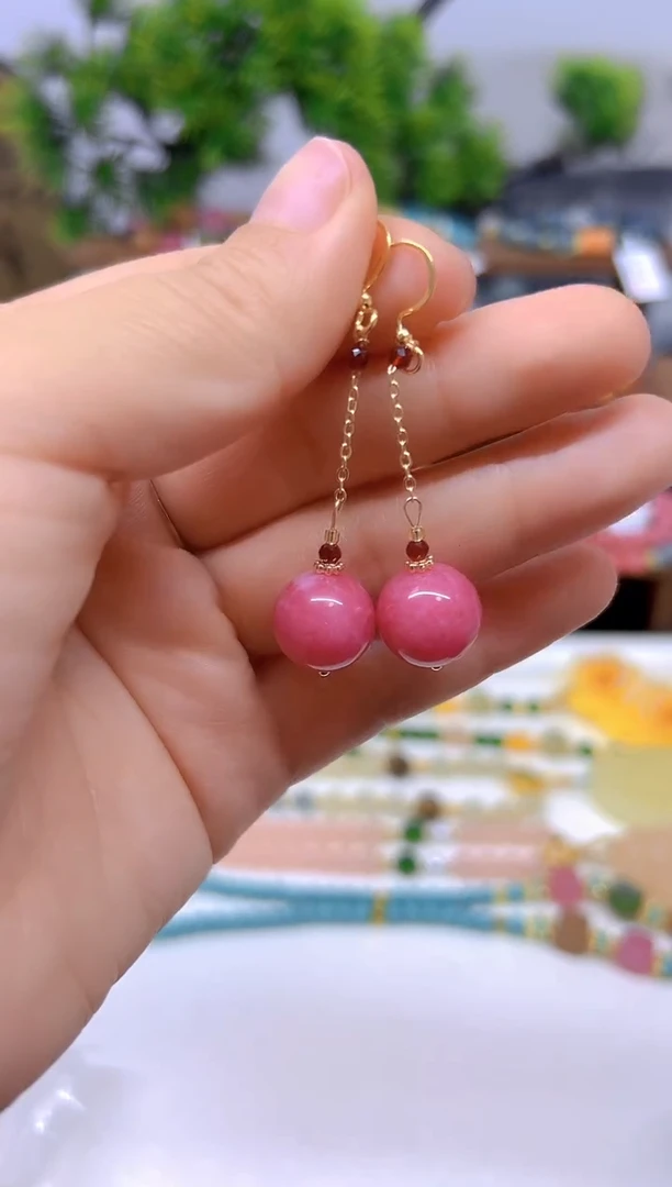 菱锰矿（红纹石）14K金镶嵌耳坠E613