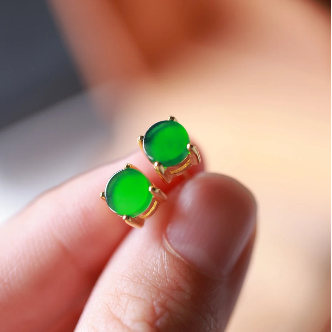 天然A货翡翠圆无事牌耳钉时尚简约 金色 6mm