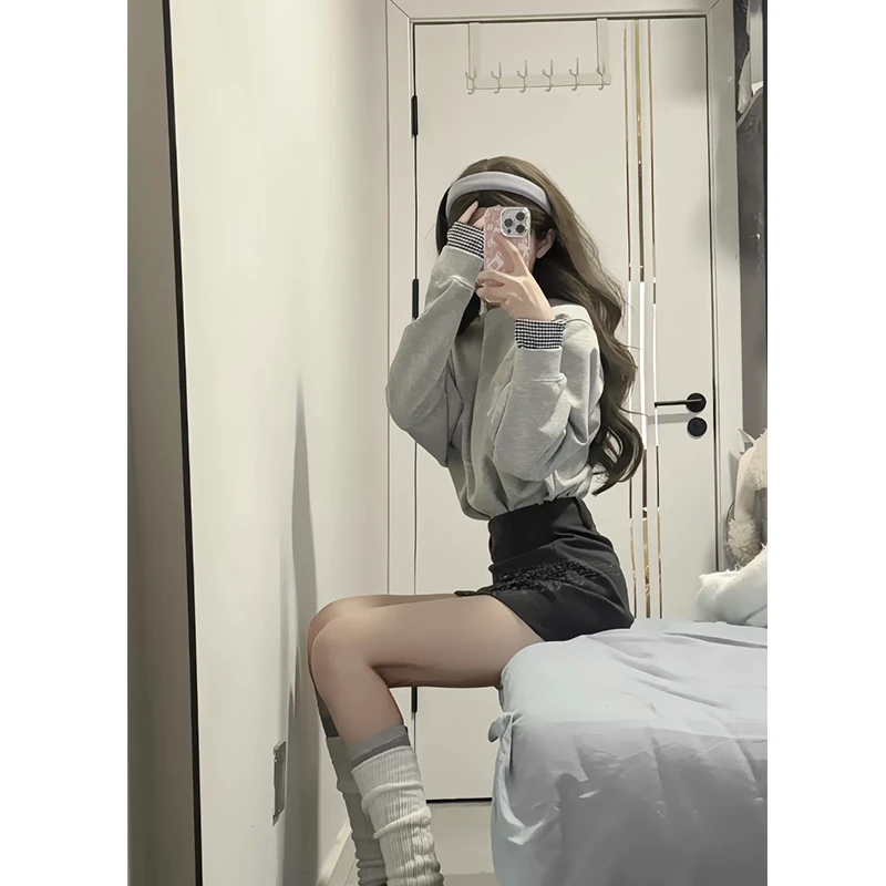 灰色拼接假两件卫衣女2025春秋新款宽松显瘦设计感学院风上衣外套