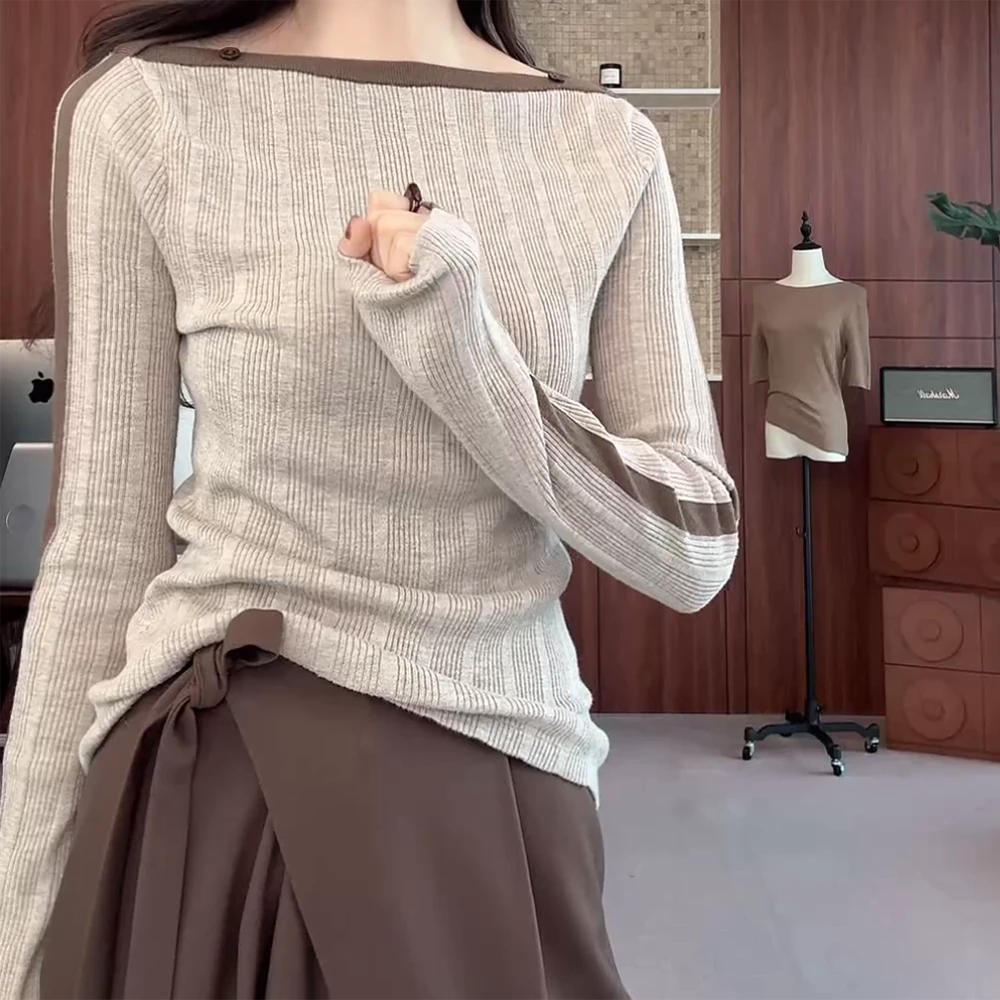 【优雅弧度】秋款上新长袖拼接修身套头针织衫C6026