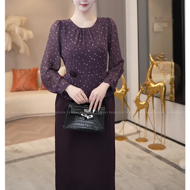 2026夏季新款【7344】法式优雅小众拼接设计感气质紫色波点连衣裙子