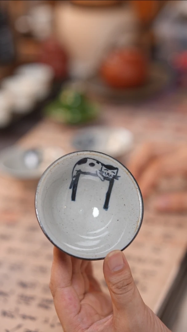 茶具手绘斗笠杯 液体猫