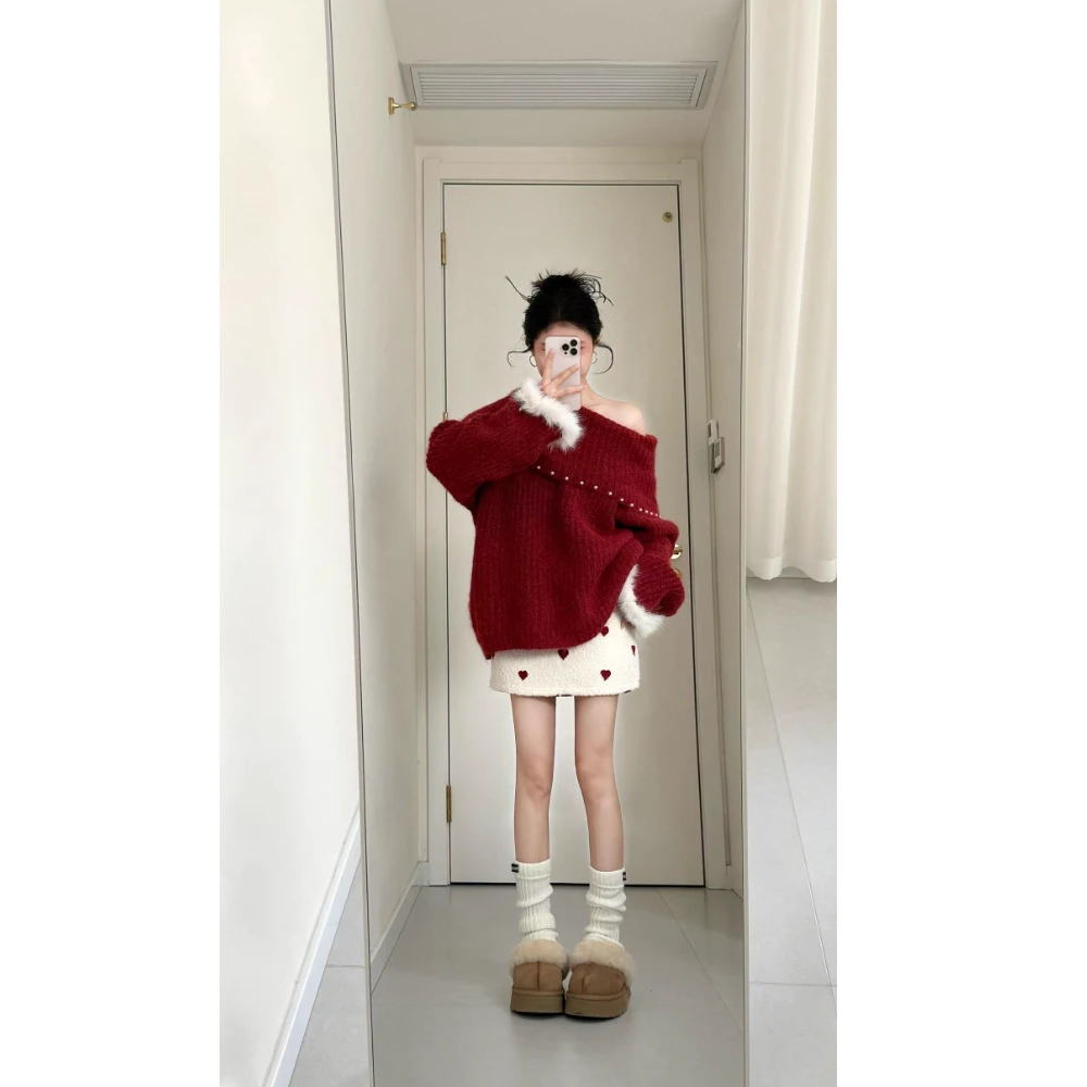 秋冬穿搭一整套韩系温柔风斜肩红色针织上衣高腰爱心半身裙两件套
