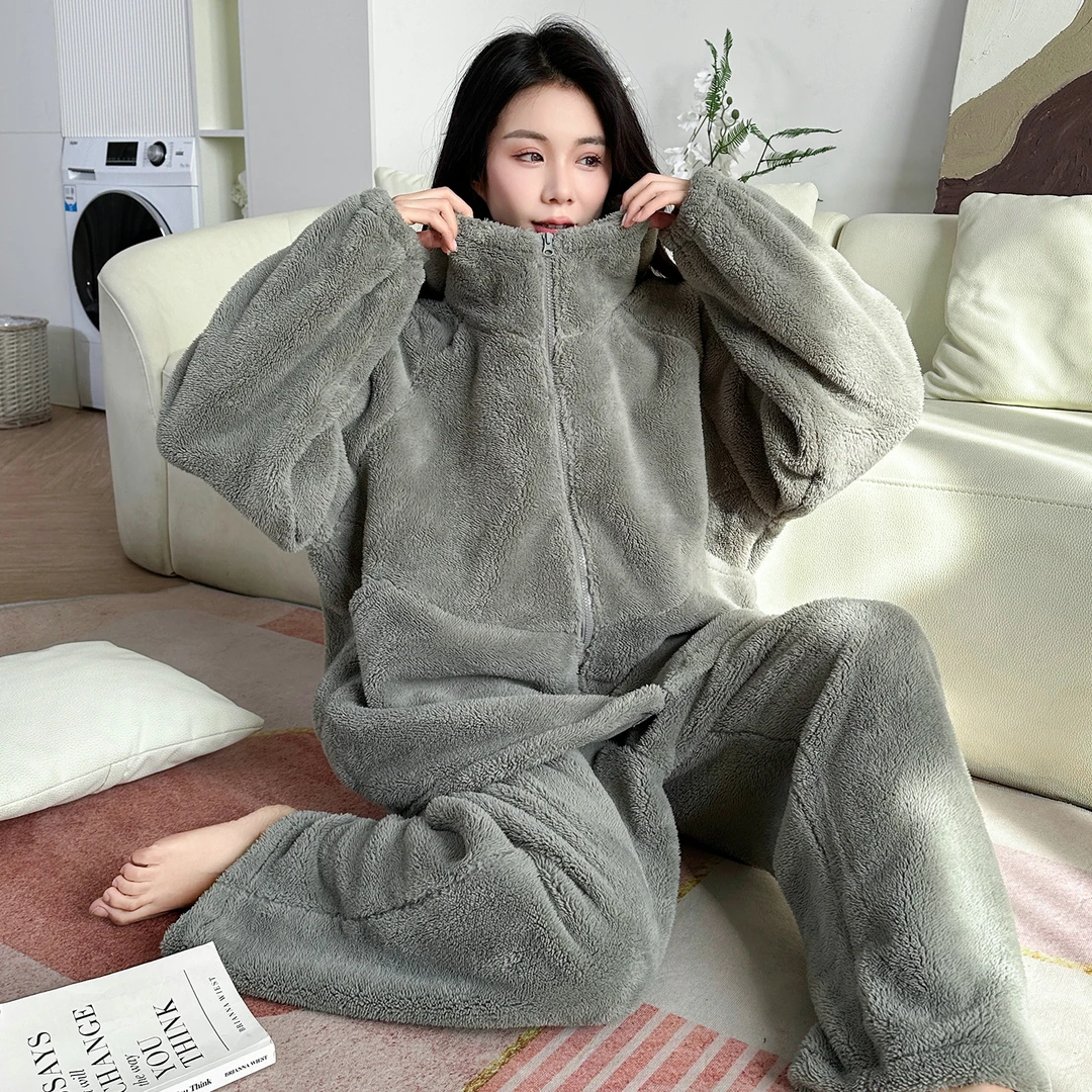 可外穿大码睡衣冬加厚保暖连帽冬季珊瑚绒家居服套装女200斤胖mm