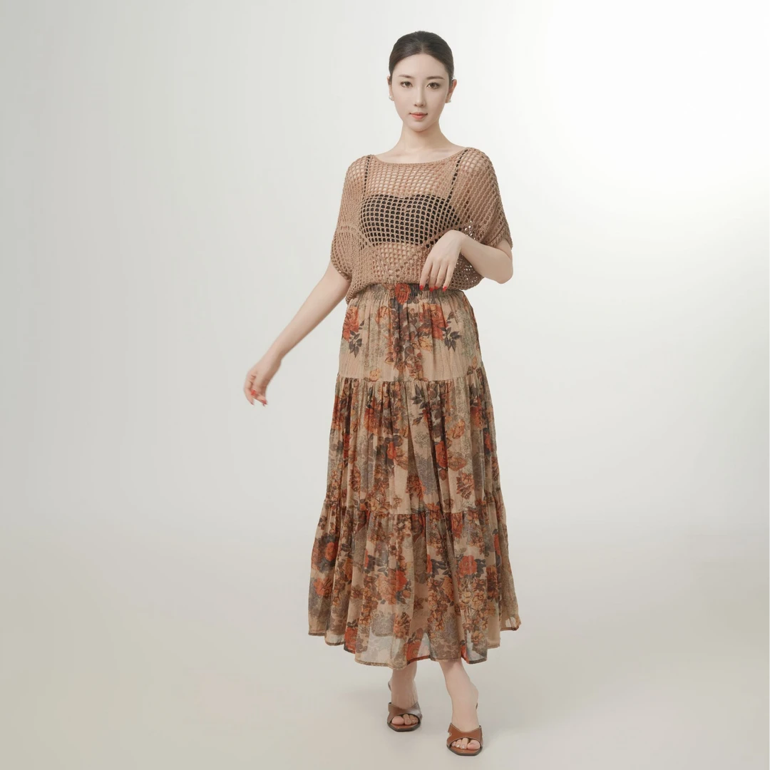 气质美拉德风针织衫+显瘦慵懒风时尚半身裙碎花