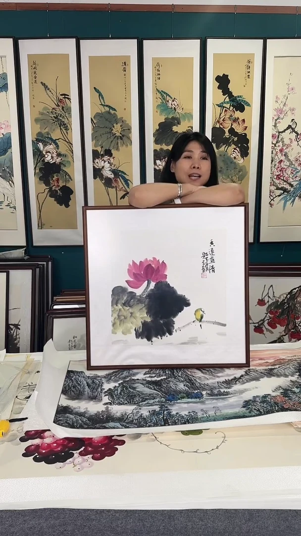 国画荷花 实木装裱63*63