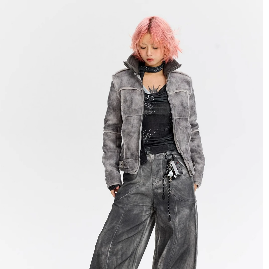 Oink oink 灰色皮毛一体修身外套复古休闲机车夹克女