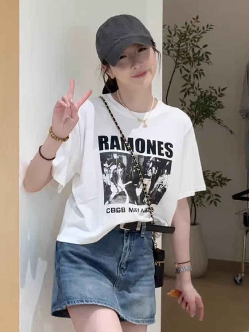 2025夏装新款超火减龄美式复古印花短袖t恤女宽松百搭半袖上衣