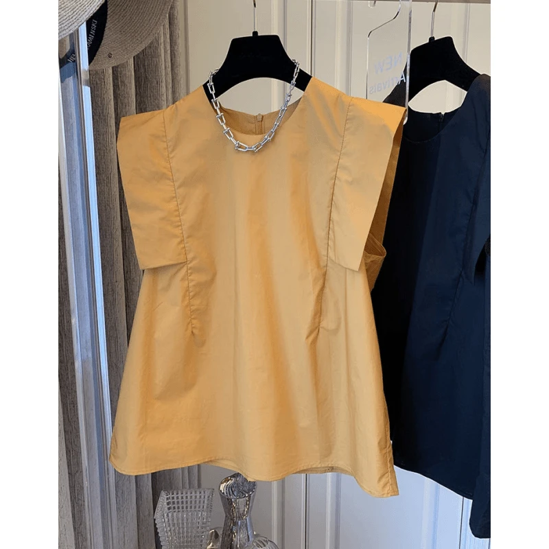 1640复古设计感小众法式韩版显瘦挺括洋气飞袖纯色百搭衬衫上衣女