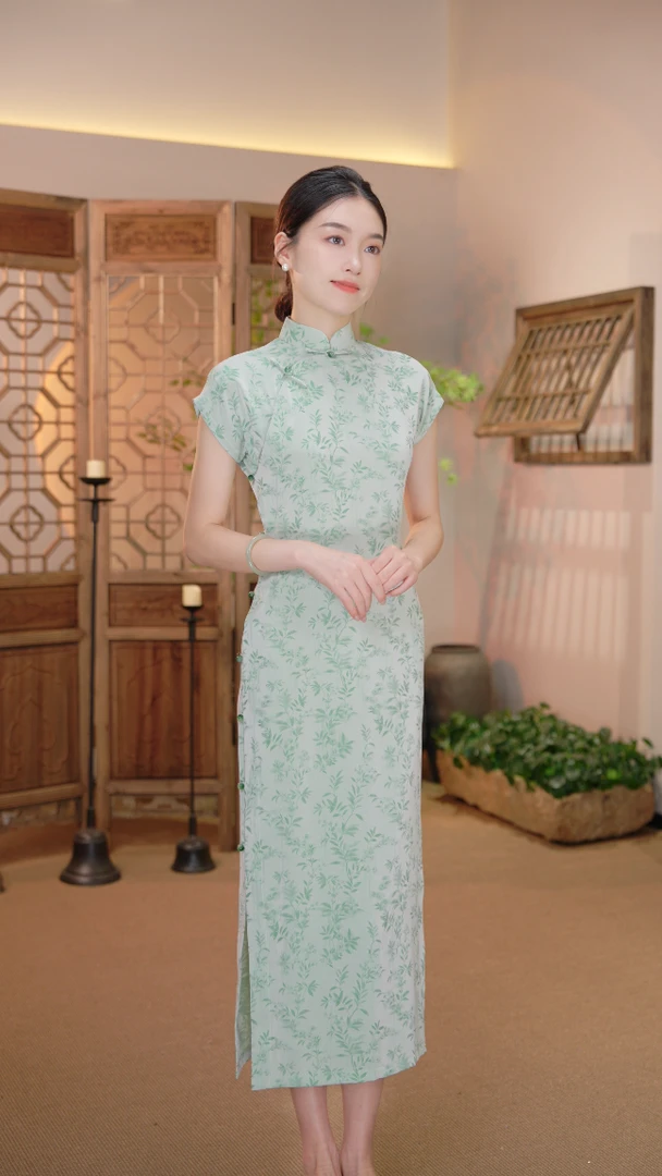 【翠棠】良辰媄锦全开襟单层中长款旗袍衣长约125CM