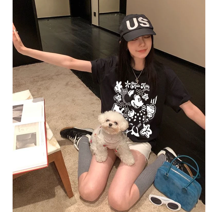 韩版休闲t恤纯棉短袖夏季ins设计感米奇印花正肩半袖百搭大码女装