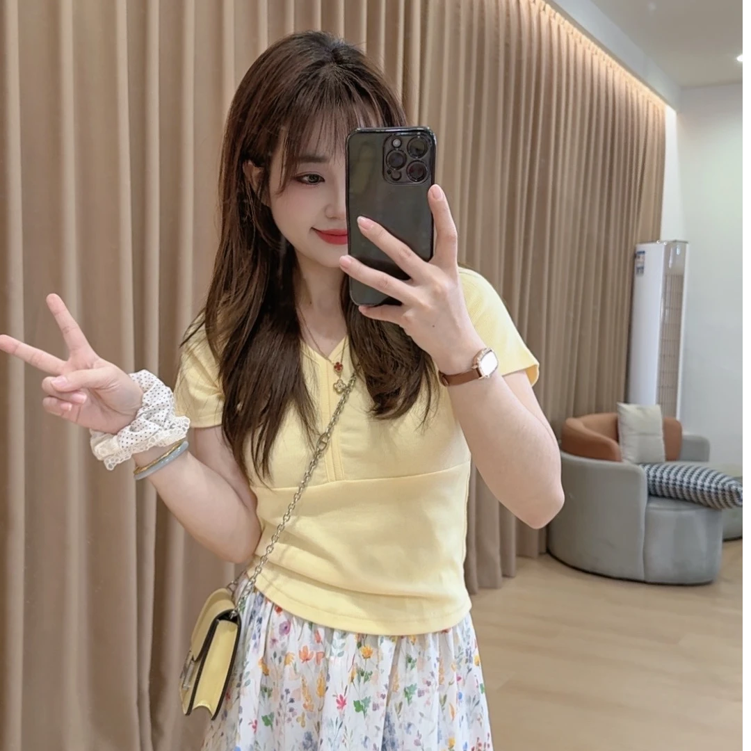 奈奈妮【温柔轮廓】短袖T恤显瘦设计感洋气百搭减龄6053