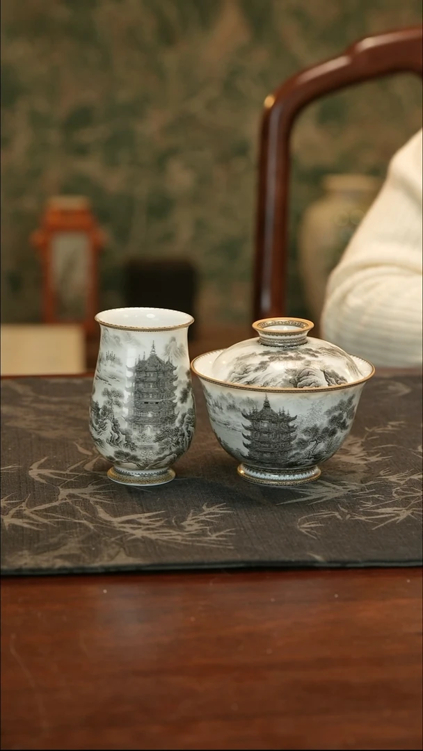 A****哥手绘重工黄鹤楼盖碗+黄鹤楼闻香杯