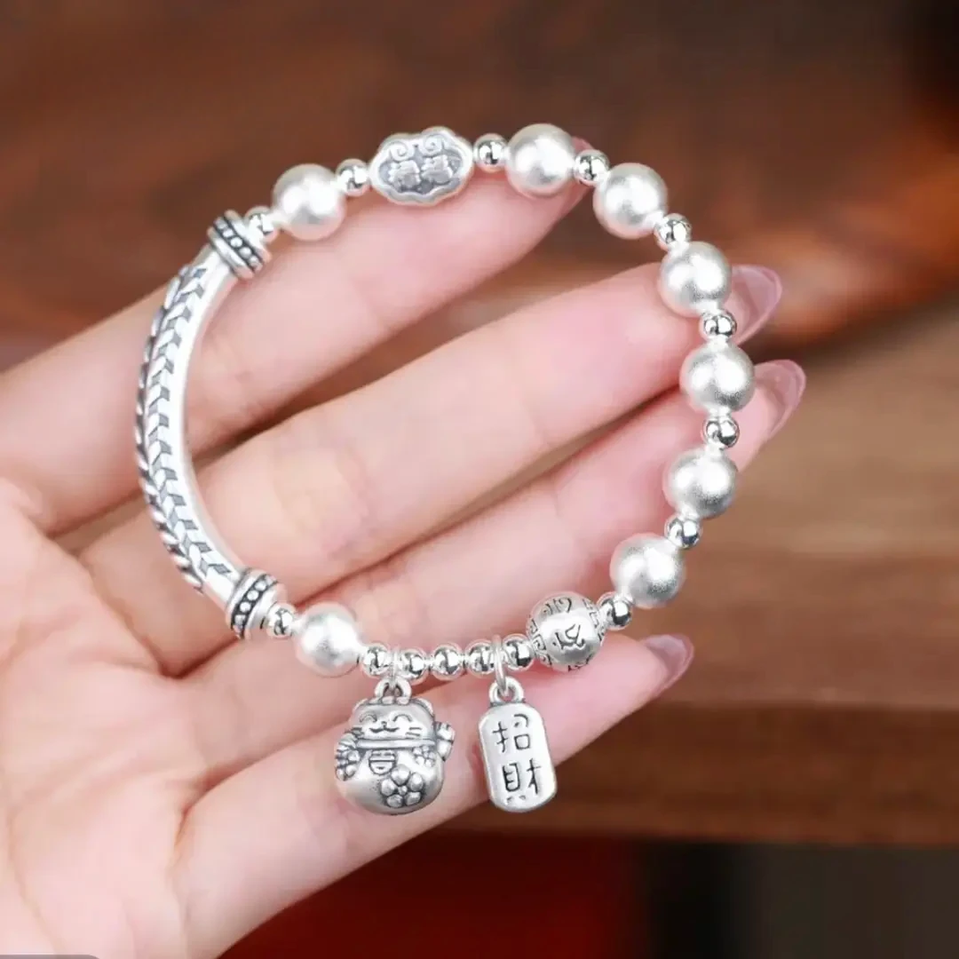 足银手链 招财猫手工手链古法麦穗招财猫送闺蜜七夕礼物情人节