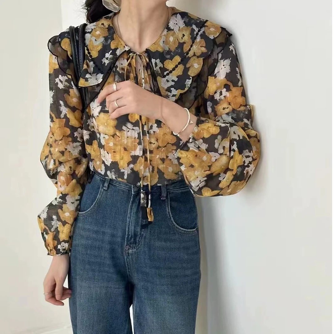 XB13# 高级感水墨晕染印花上衣复古港风女人味花瓣披肩领小衫