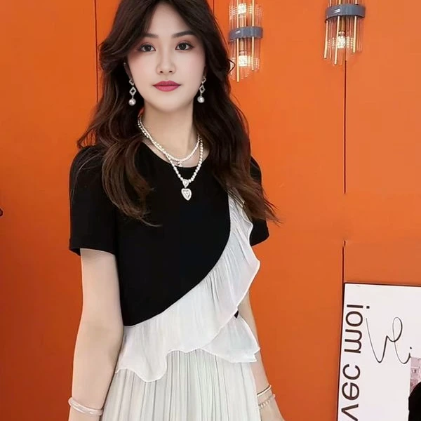 网红爆款流行高级感荷叶边拼接上衣2025夏新款时尚洋气减龄女短袖