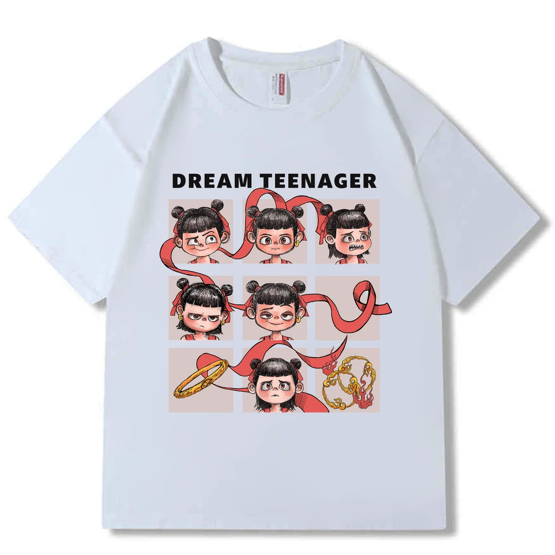 2025新款九宫格哪吒闹海卡通图案纯棉圆领白色短袖夏季动漫