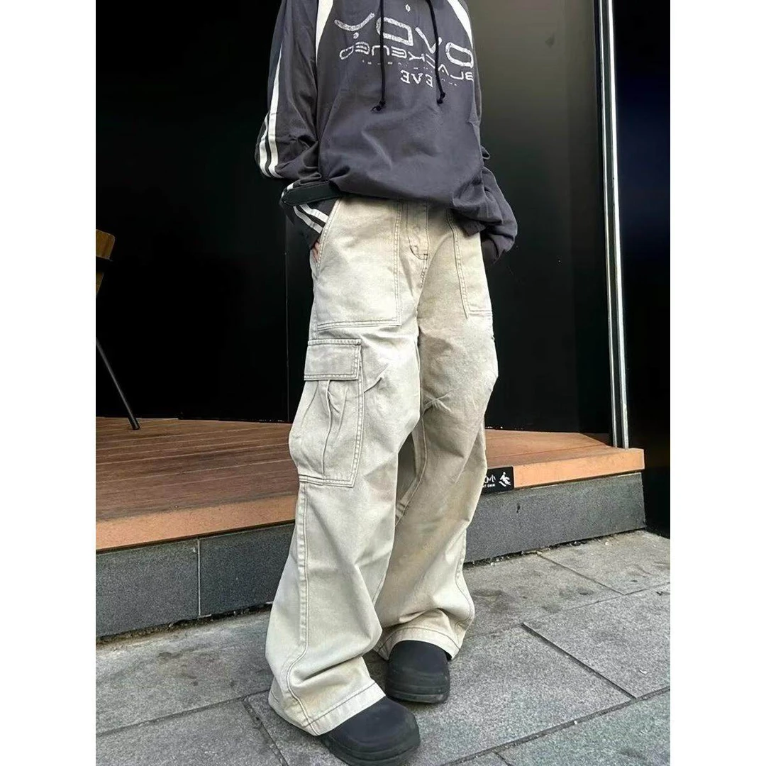 春季美式街头浅色大口袋工装裤男水洗复古宽松直筒高级感休闲裤