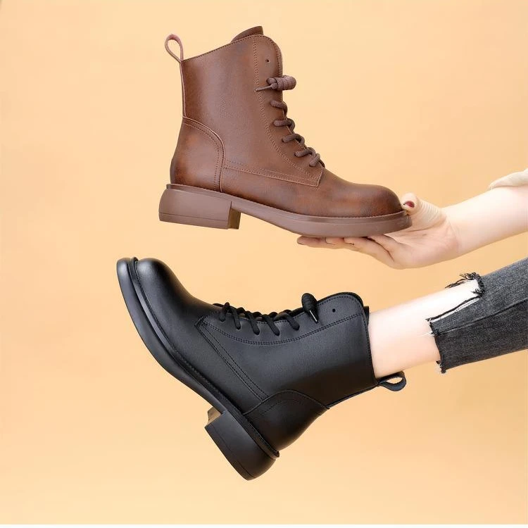 正品女鞋马丁靴冬季新款加绒厚底圆头秋冬粗跟平底系带显瘦显脚小
