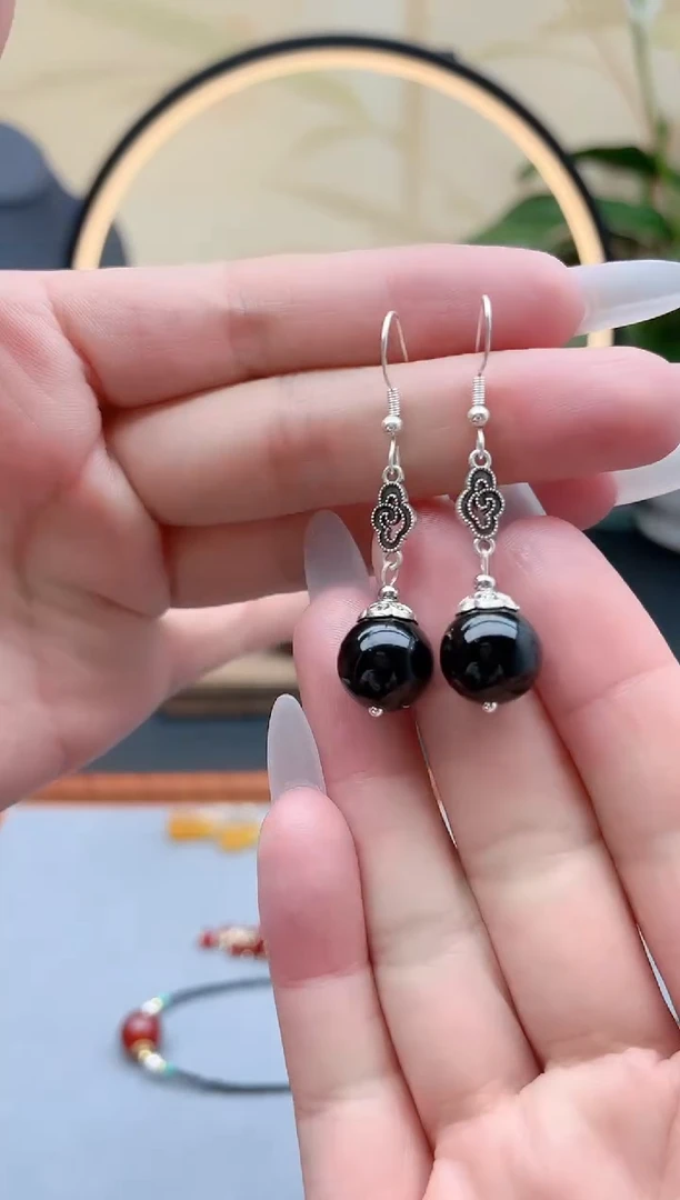 黑曜岩银S925镶嵌耳饰207